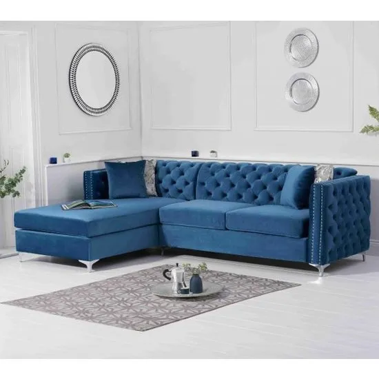 Maxo Velvet Upholstered Left Handed Chaise Corner Sofa In Blue