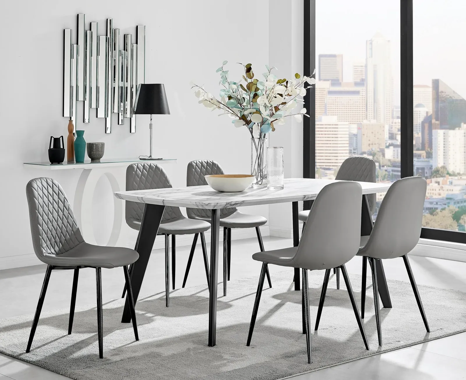 FurnitureboxUK Andria White Marble Effect & Black Leg 6 Seater Dining Table & 6 Corona Faux Leather Chairs in Grey