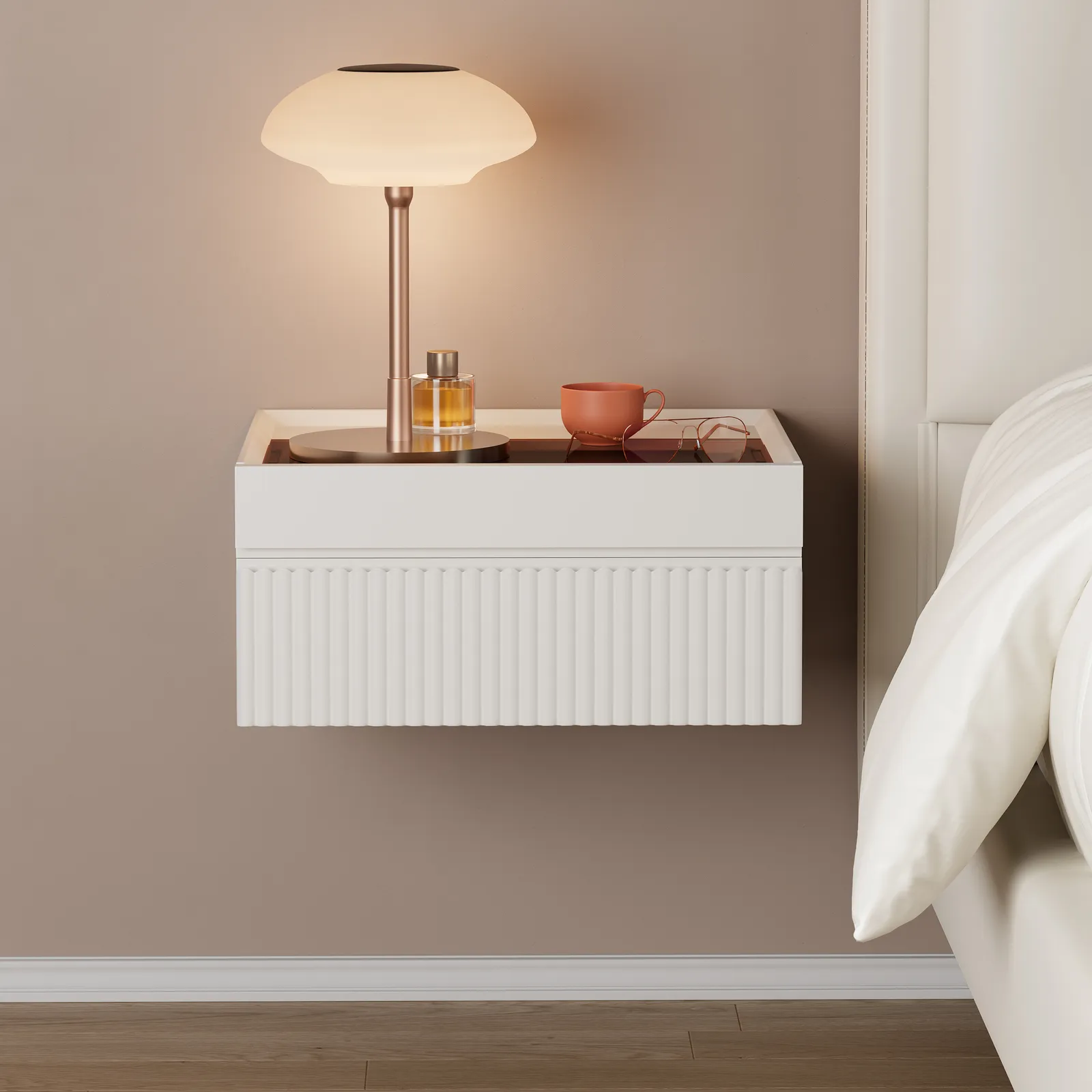 Modern Floating White Bedside Table with Glass Top & Jewellery Storage Bedside Table