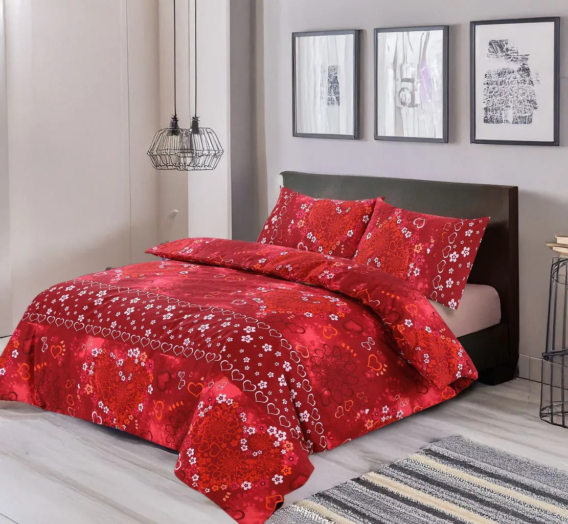 Snug City Duvet Cover & Pillowcase Set Love Heart Design Polycotton Bed Linen in Red