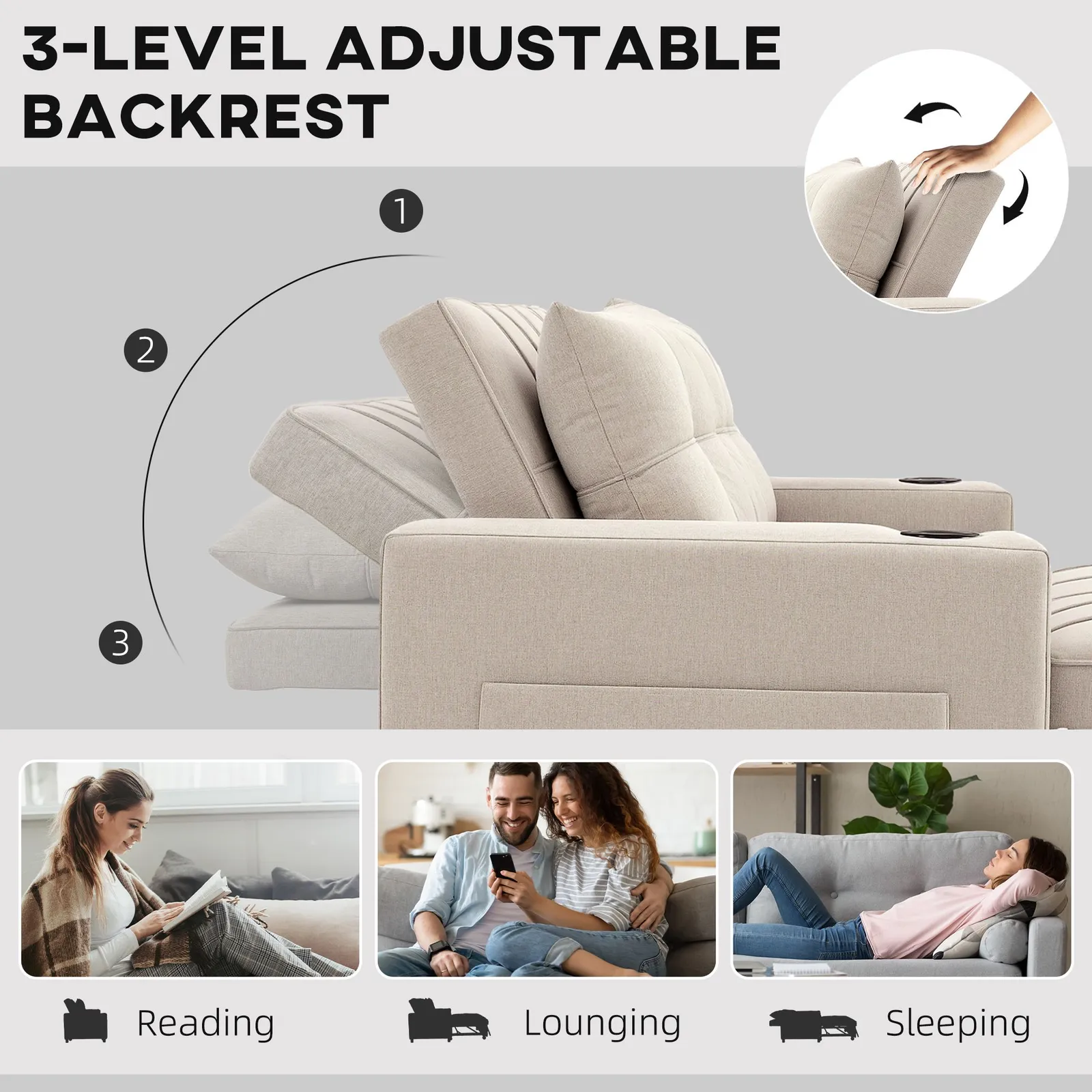 HOMCOM 2 Seater Pull Out Sofa Bed with Pockets for Living Room Beige 6