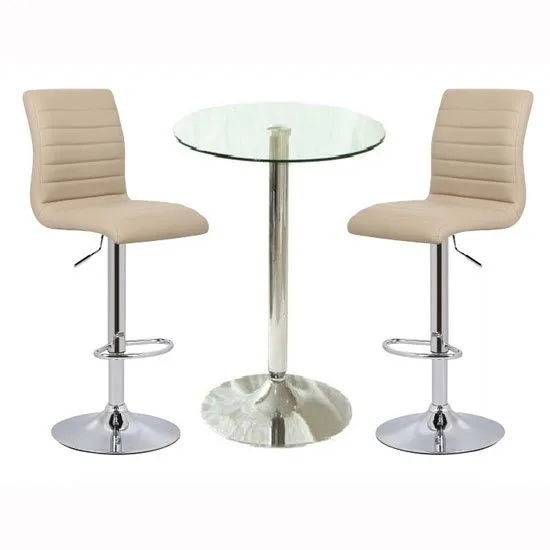 Gino Bar Table In Clear Glass With 2 Ripple Stone Bar Stools