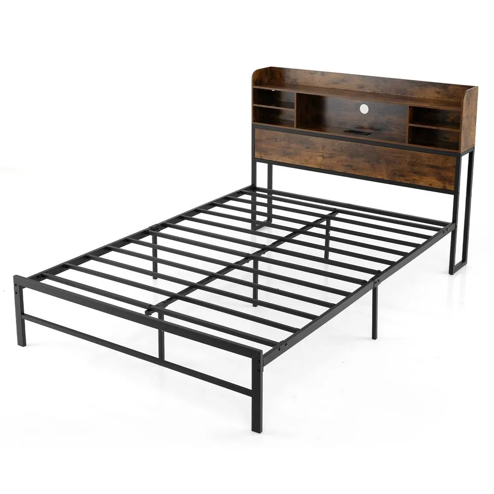 Costway Double Size Bed Frame w/LED Lights&Charging Station Metal Platform Bed in Brown 5
