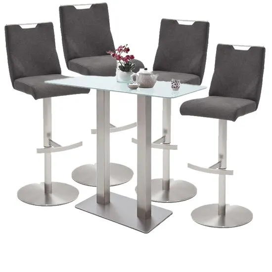 Soho White Glass Bar Table 4 Jiulia Fabric Anthracite Stools