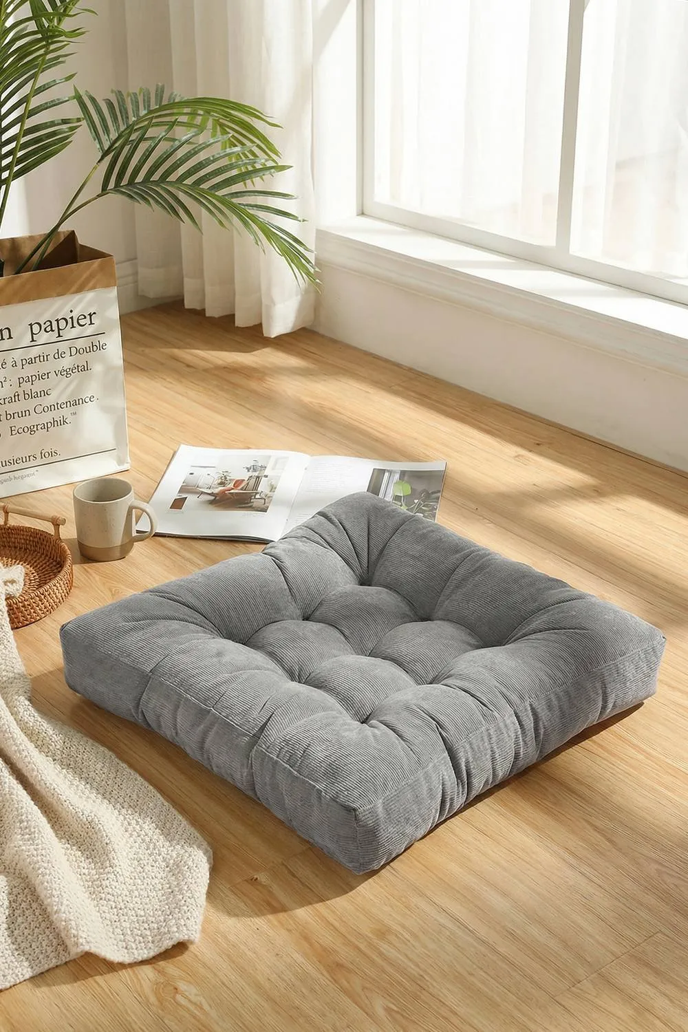 Living and Home 50cm Square Corduroy Cushion Floor Pillow Meditation Cushion in Grey
