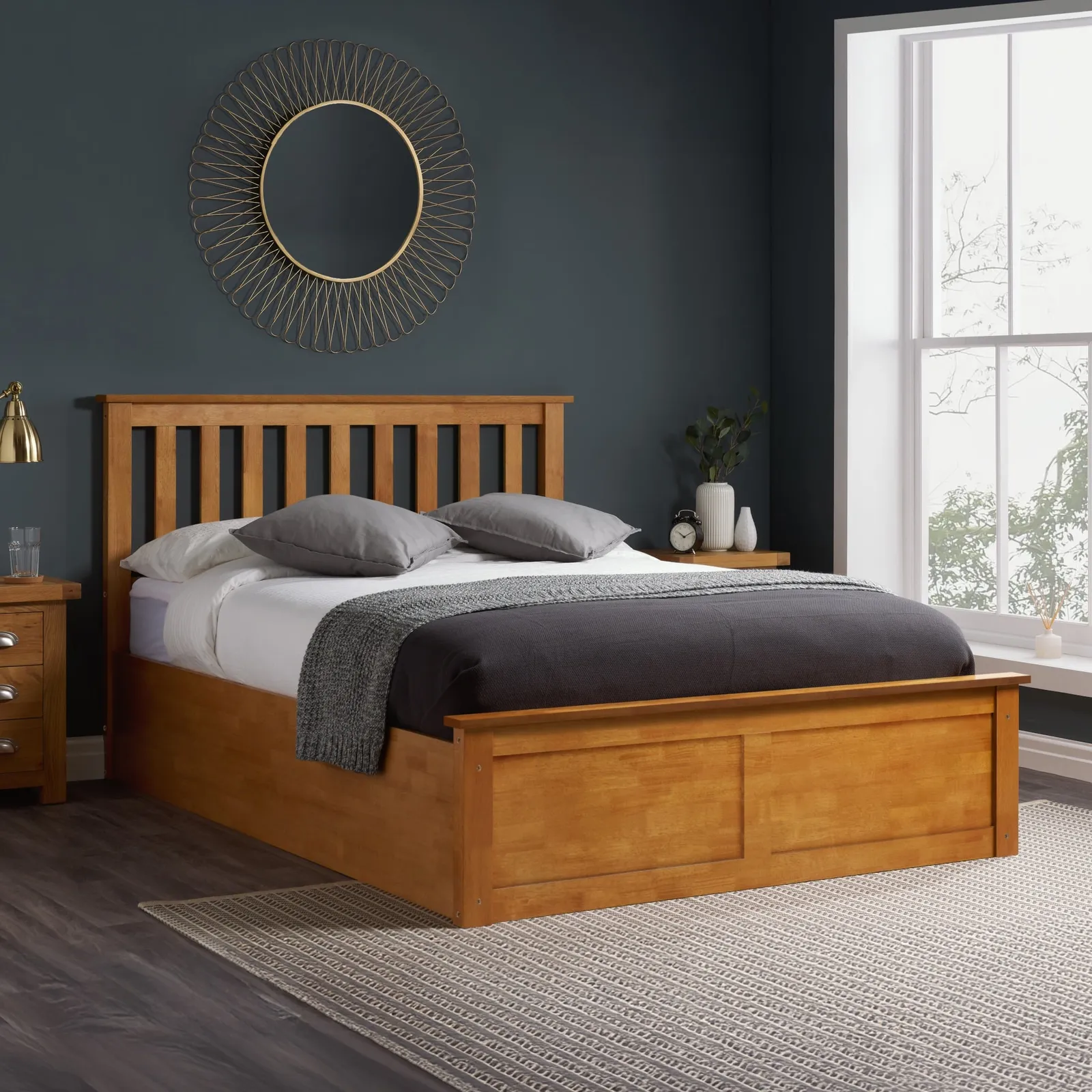 Phoenix - Single - Oak Wooden Ottoman Storage Bed Frame - Slatted Headboard - 3ft - Happy Beds 1