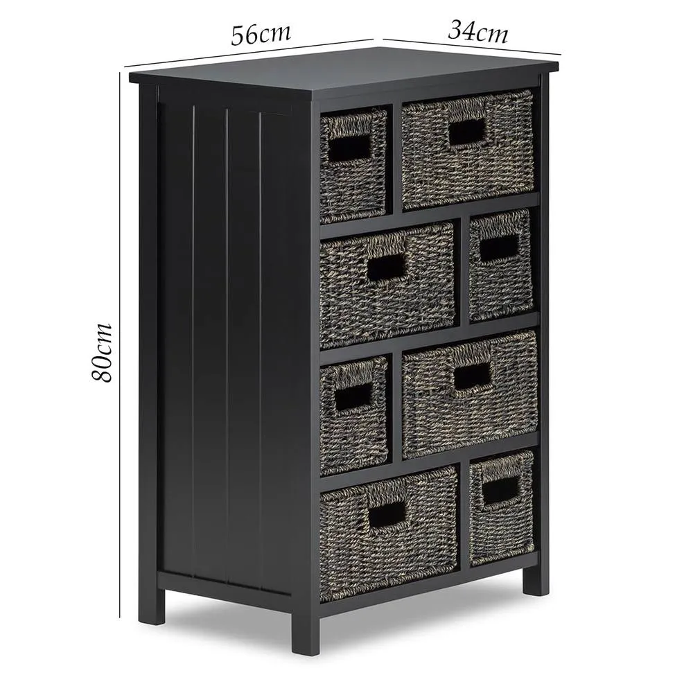 Statement Furniture Tetbury 8 Drawer Storage Unit- Black with Blackwash Seagrass Baskets 2