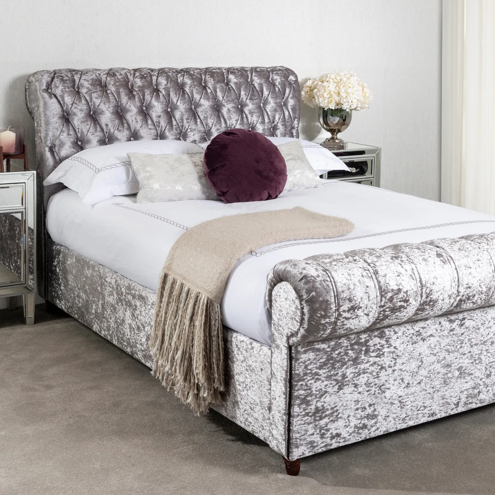 Fabio Crushed Velvet Silver Bed Frame Silver