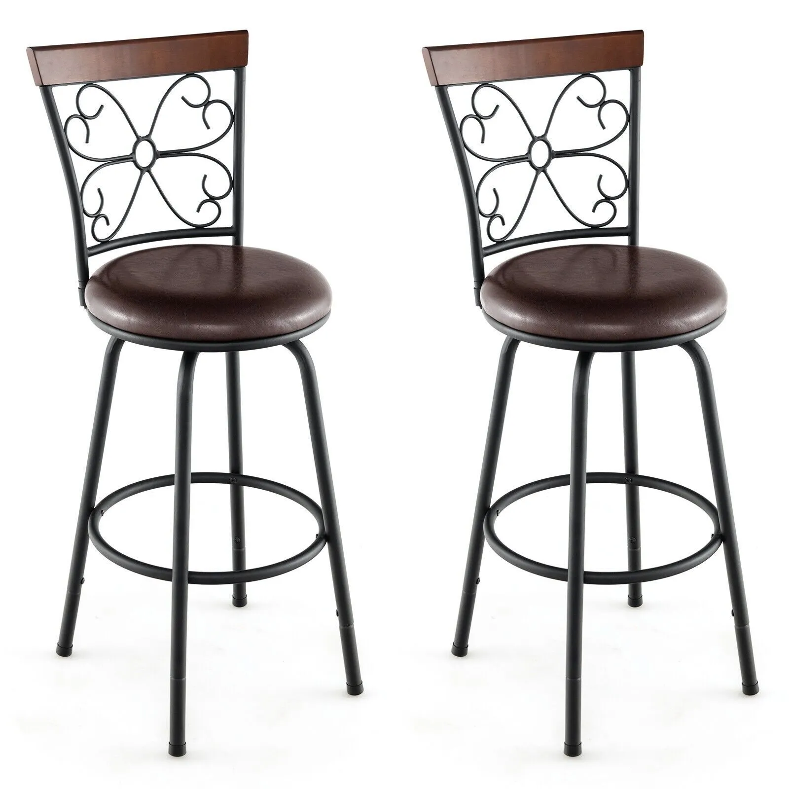 Costway Set of 2 Bar Stool Adjustable Height Swivel Kitchen Dining Chair in Brown