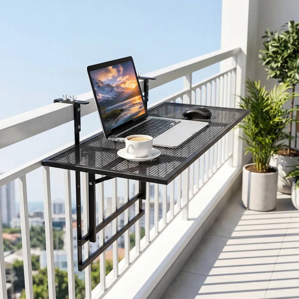 Costway Balcony Railing Table Metal Folding Bar Table w/ 5-Position Height in Black