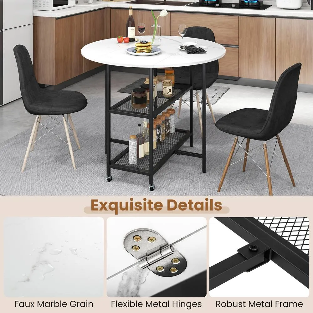 Costway 100cm Round Kitchen Table Dining Table w/Drop Leaf Tabletop-White in White 4