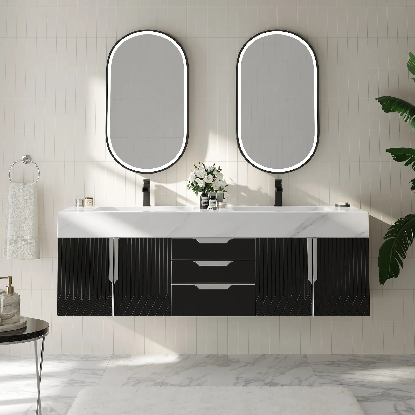 Aro 150 cm Black Double Basin Wall Mounted Bathroom Vanity with Drawers Faux Marble Top