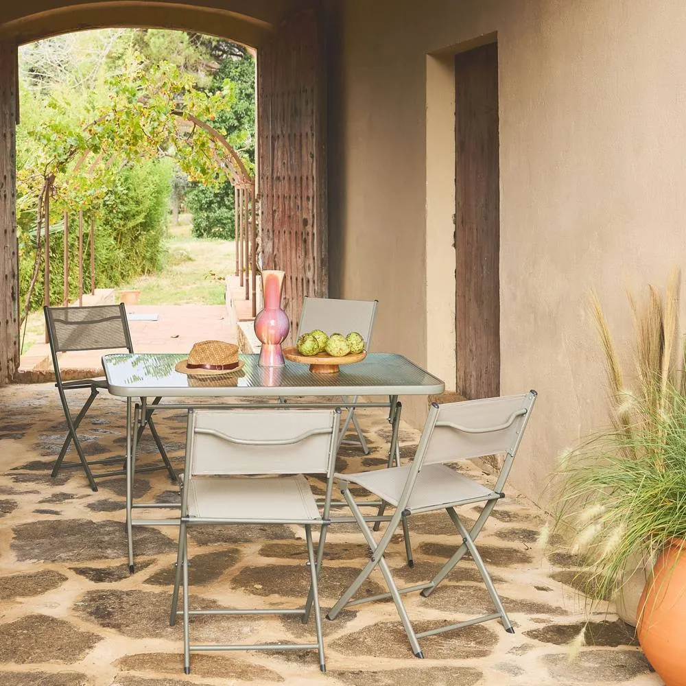 sweeek Folding steel garden table + 4 chairs in Khaki 1