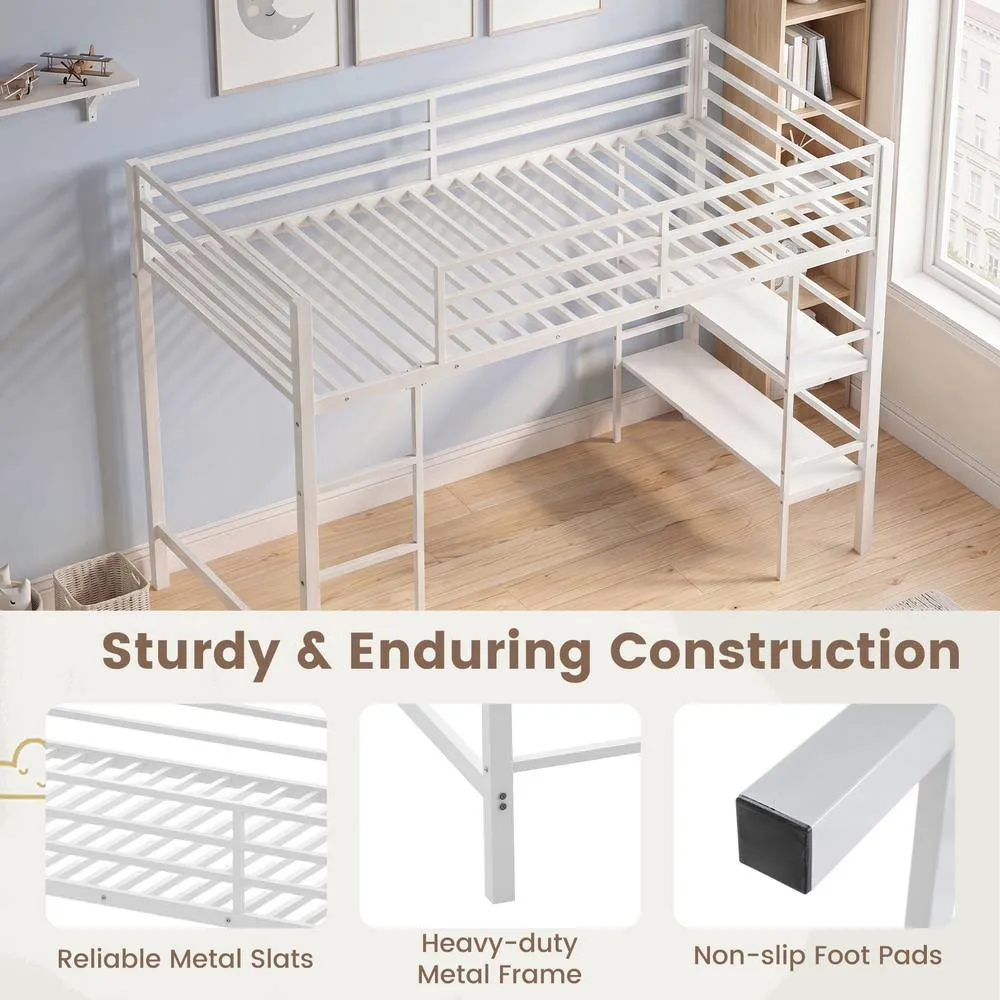 Costway Single Size Metal Loft Bed Metal Bed Frame w/Guardrails & Shelves in White 4