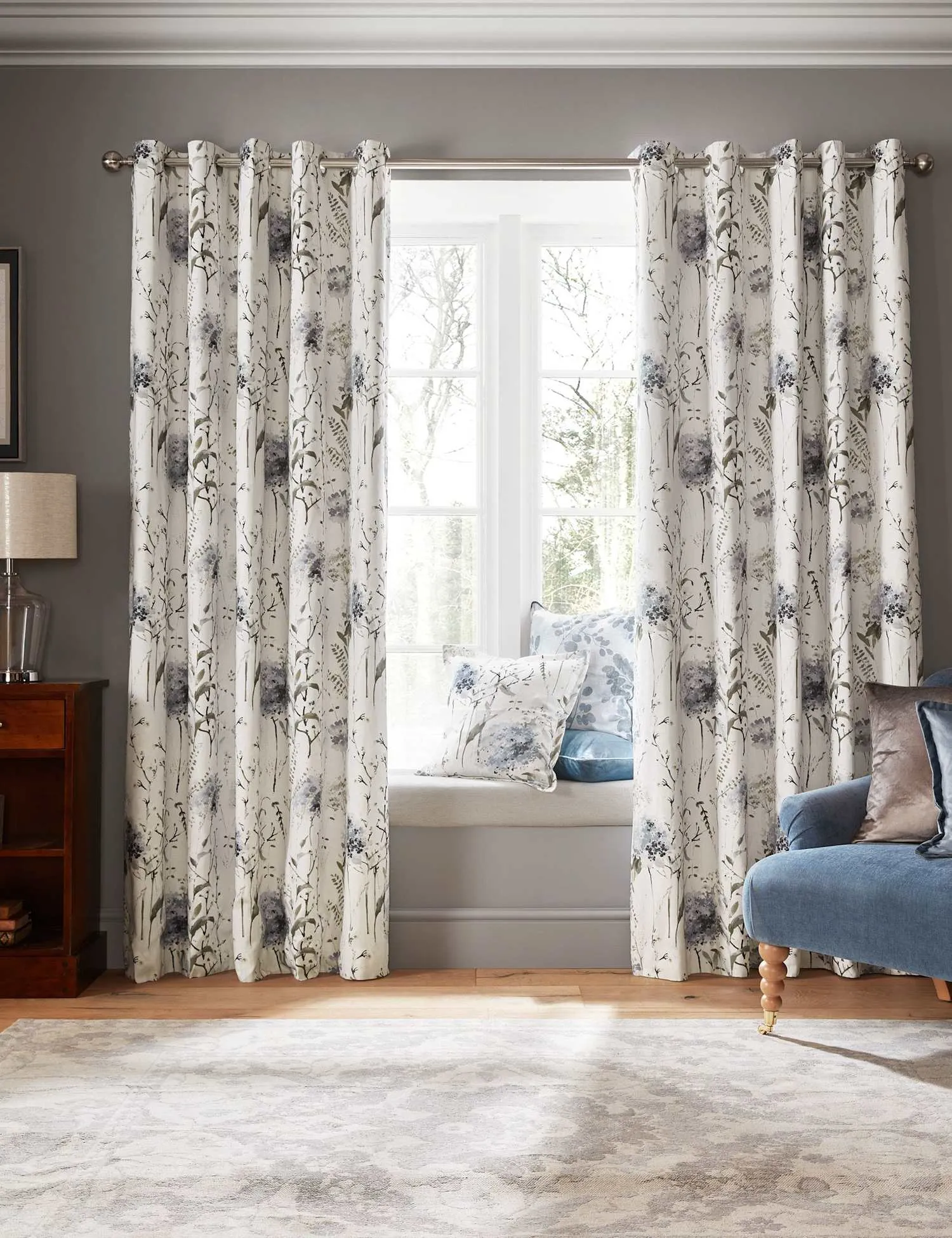 Laura Ashley Pallington Bloom Cotton Rich Eyelet Blackout Curtains Blue Mix