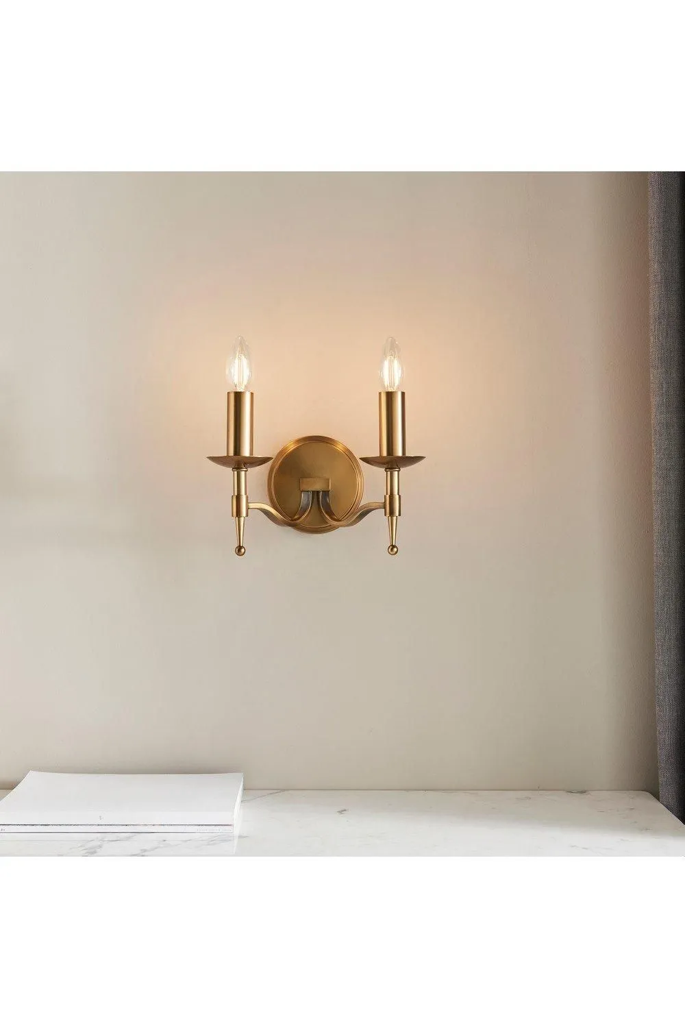 Netlighting Stanford 2 Light Indoor Twin Candle Wall Light Antique Brass E14 in Gold 2
