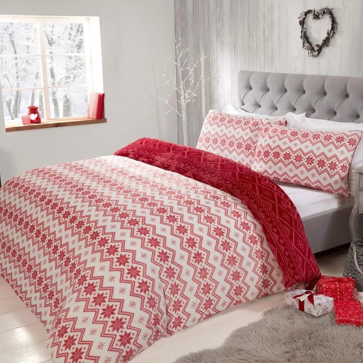 Smart Living Fairisle Flannel Fleece Reversible Duvet Cover with Pillowcases in Red