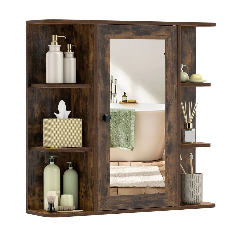 Costway Bathroom Wall Cabinet Modern Wall Mounted Medicine Cabinet with Mirror in Brown