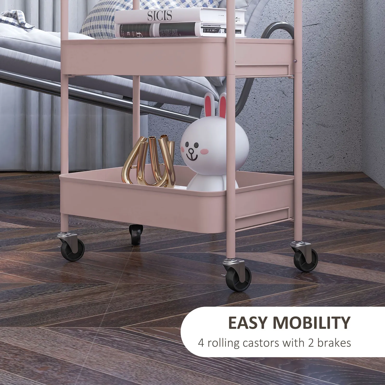HOMCOM 3 Tier Rolling Utility Cart with 3 Mesh Basket in Pink 6