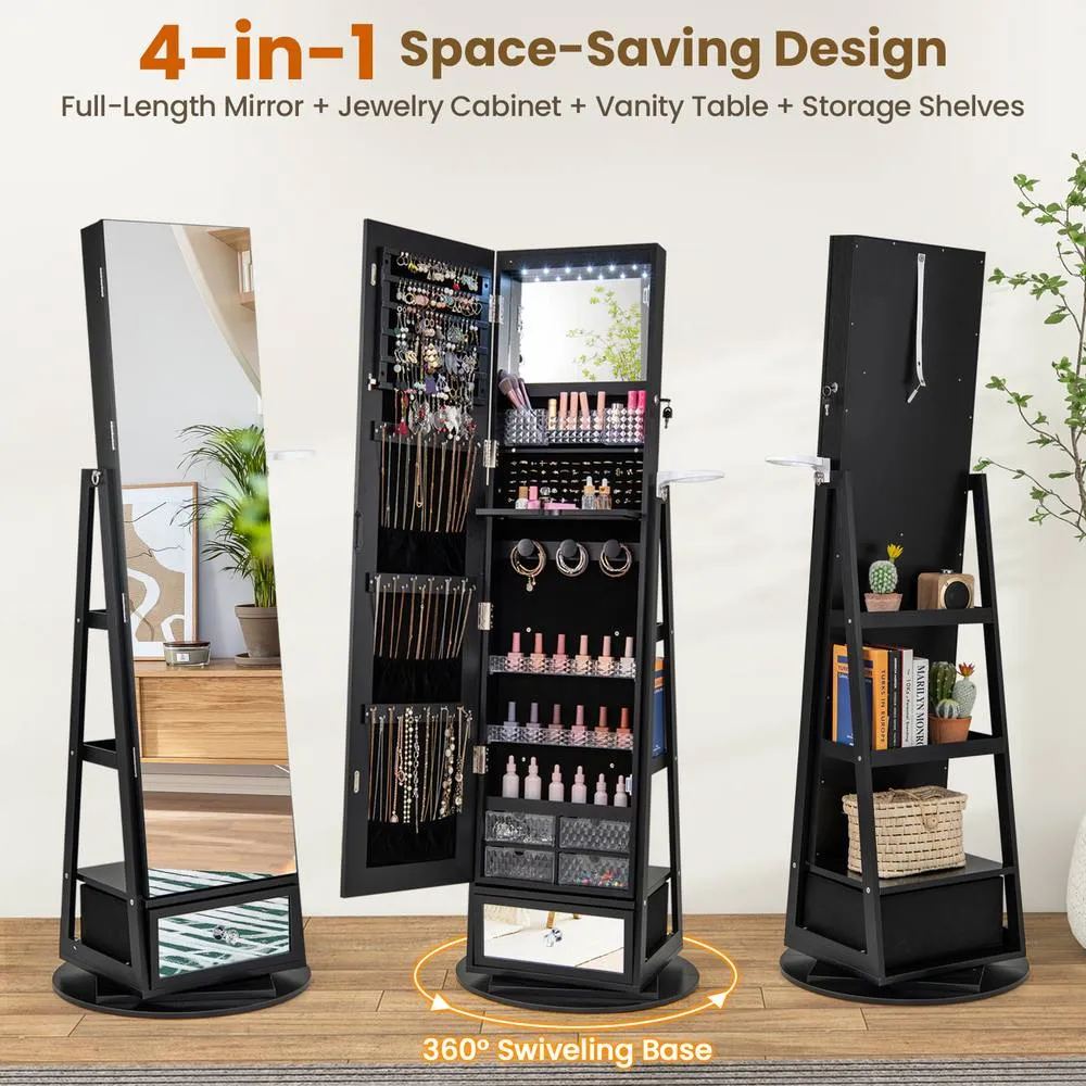 Costway 4 iN 1 Swivel Jewelry Cabinet Lockable Jewelry Armoire-Black in Black 6