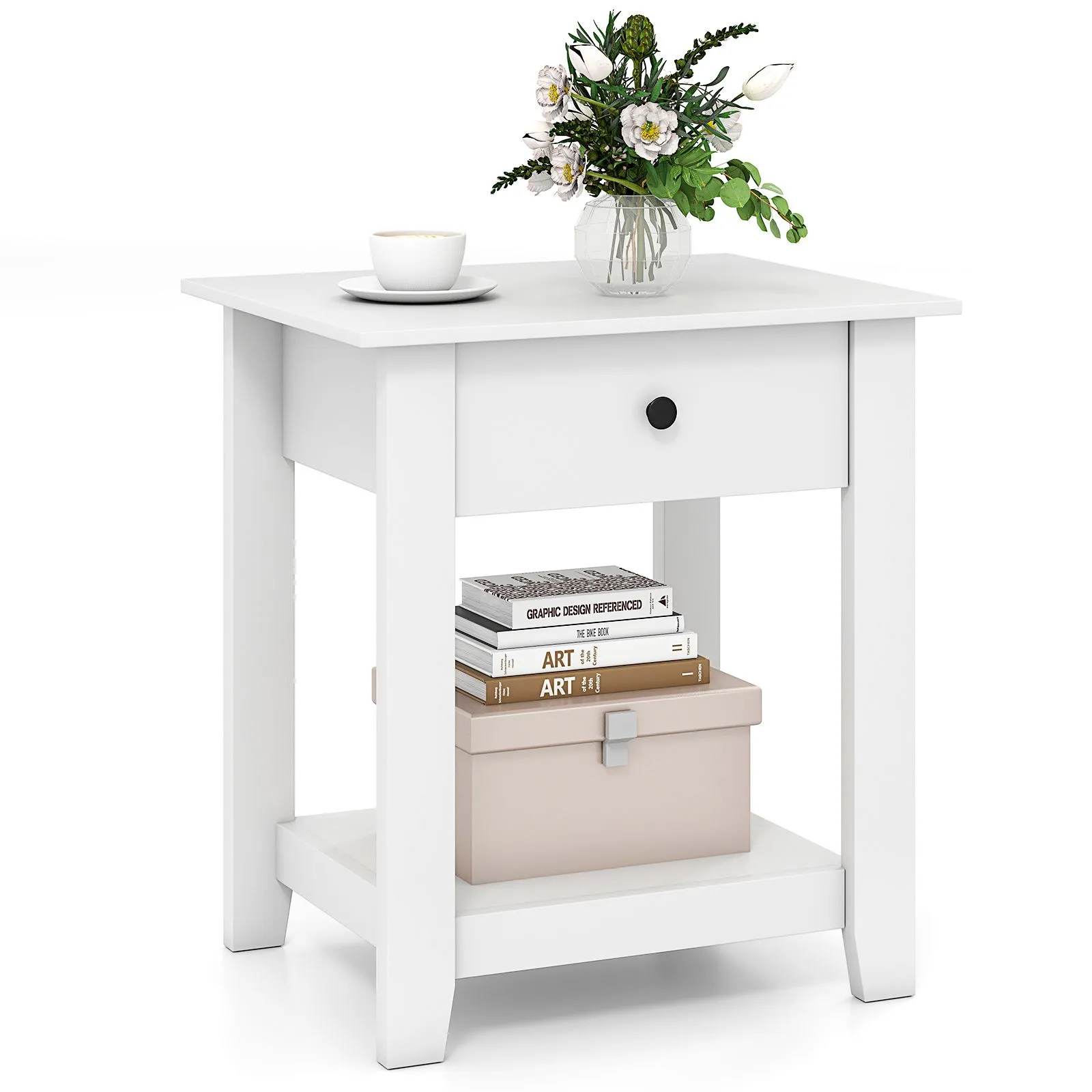 Costway 3-Tier Modern Bedside Table Wooden Nightstand with Drawer in White