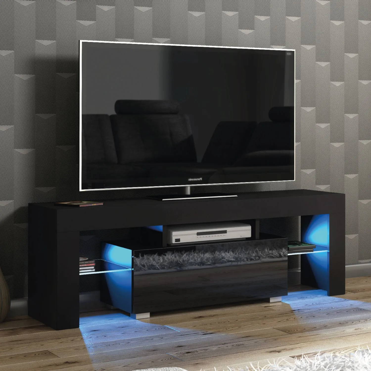 Creative Furniture Floe TV Unit 130cm - A Sleek & Elegant Cabinet with Gloss Doors & LED Lights in Black 5