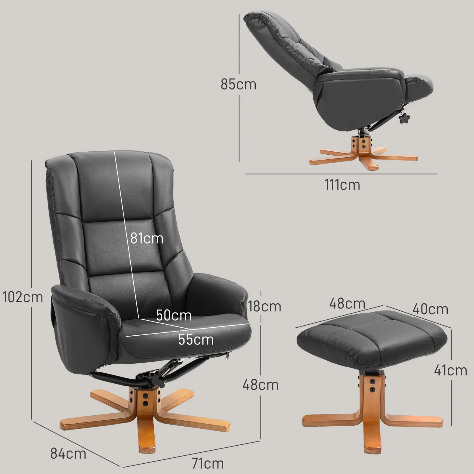 HOMCOM Recliner Armchair with Wood Base, Upholstered Reclining Chair, Black 3