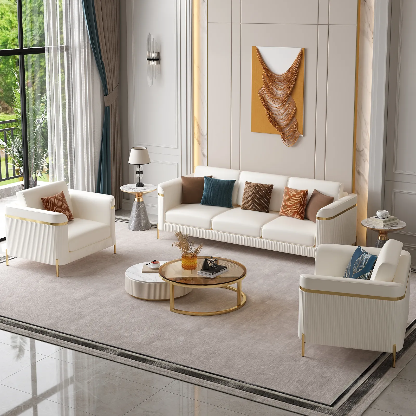 Vertex Modern Leather 3-Piece Living Room Sofa Set