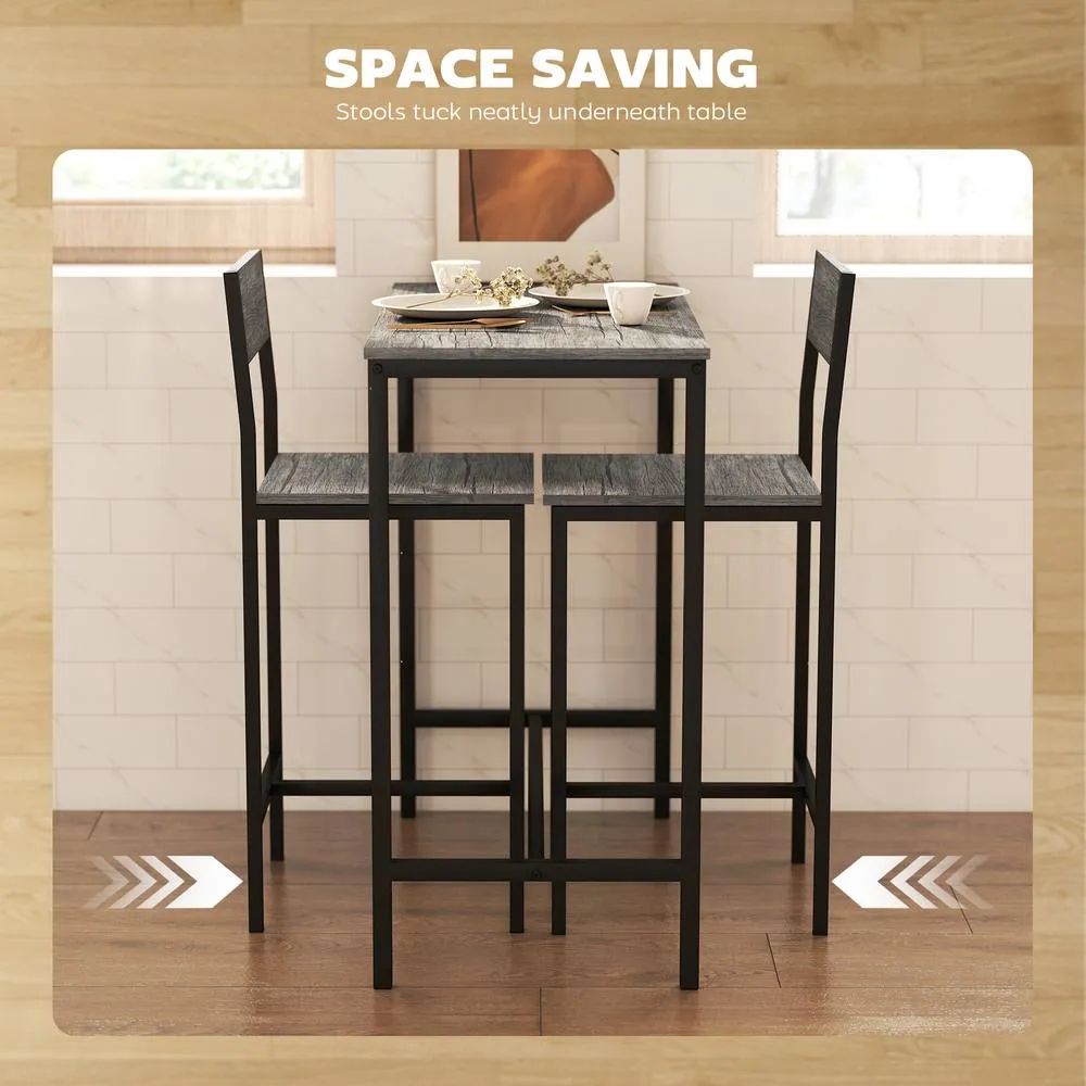 HOMCOM 3-Piece Bar Table Set with 2 Stools, Footrest in Charcoal 6