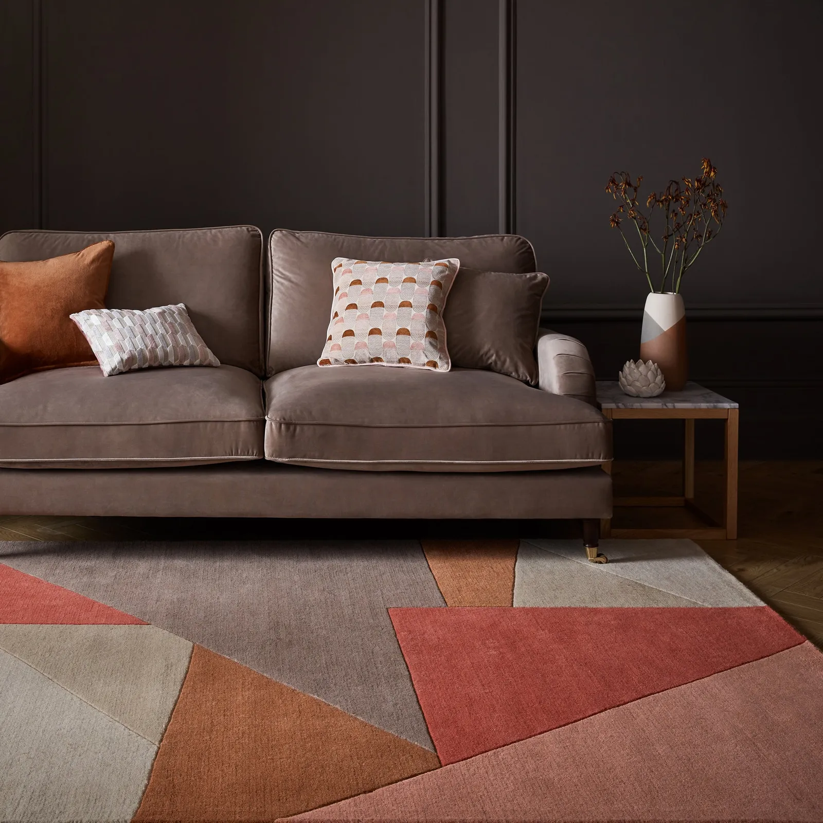 Nori Geometric Wool Rug Blush and Brown