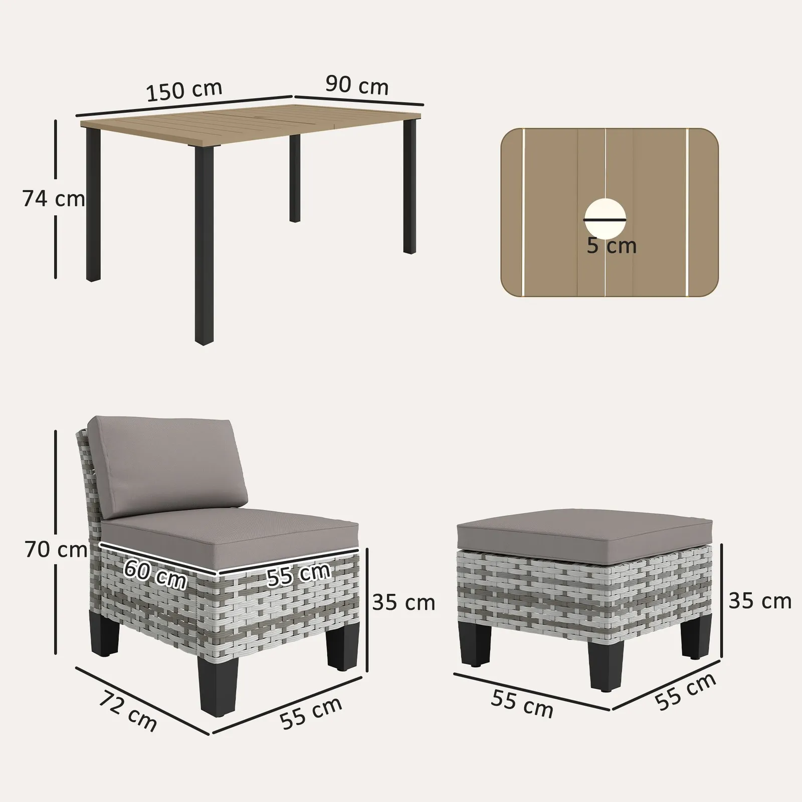 OUTSUNNY 7 PCS Rattan Garden Dining Set with Cushions, Umbrella Hole, Grey 3