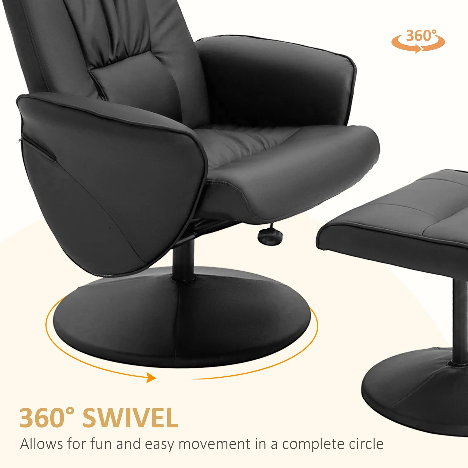 HOMCOM 2 Pcs Reclining Armchair Ottoman 360° Swivel Home Furniture PU Leather in Black 6