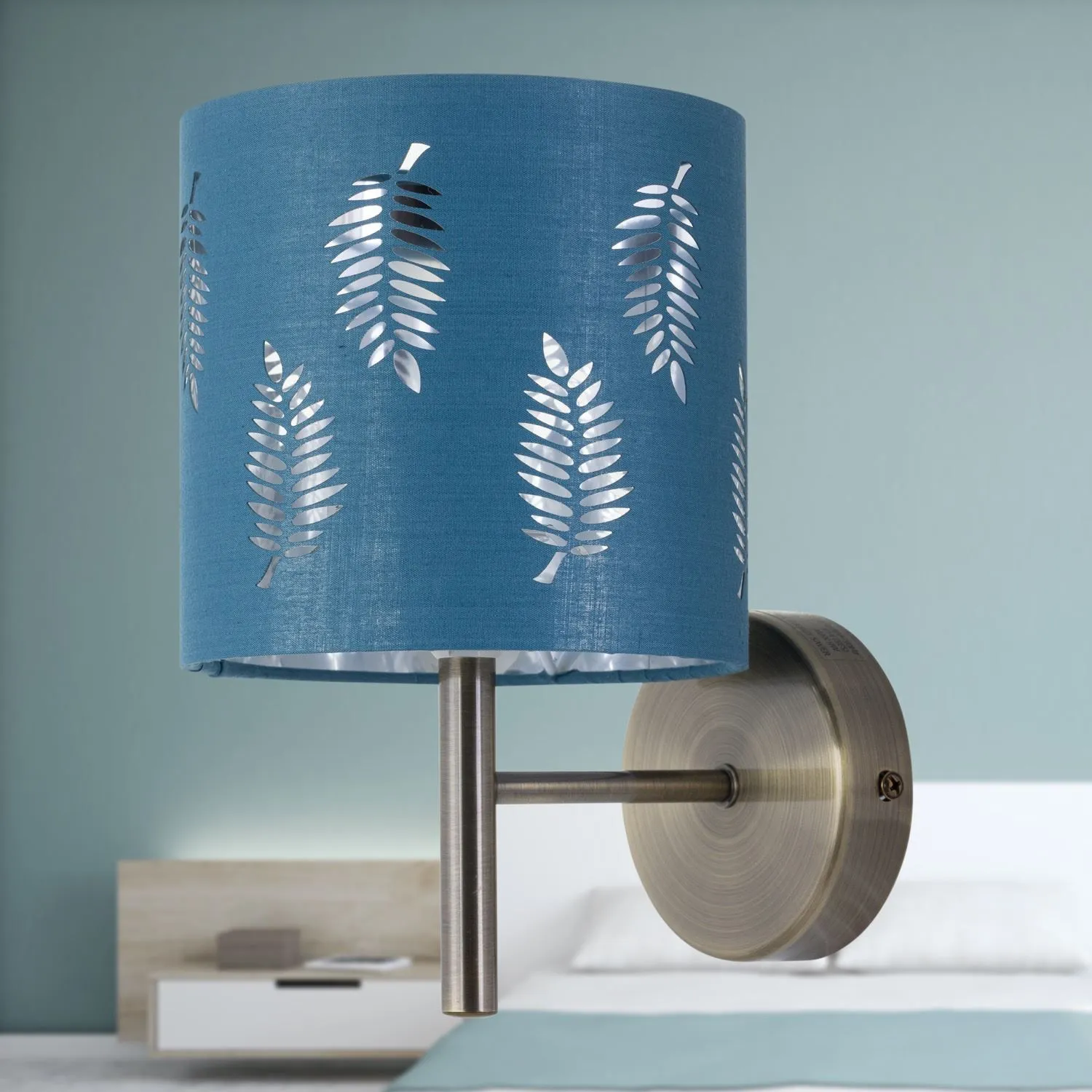 First Choice Lighting Brea - Antique Brass Wall Light with Teal Fern Shade in Gold 3