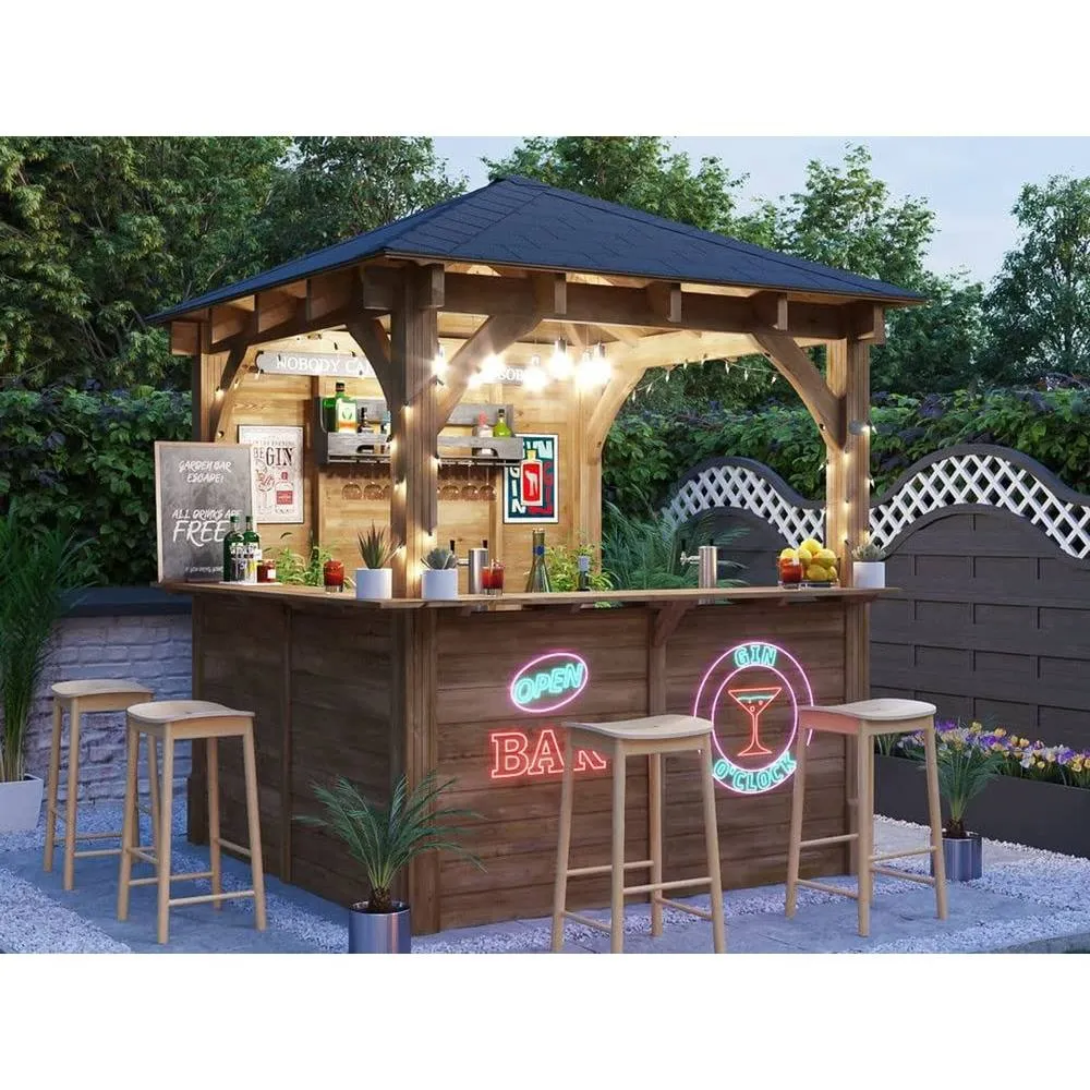 Dunster House Garden Bar 2.5x2.5m Wooden Outdoor Pub Shed with Black Roof Shingles, Leviathan in Brown 3