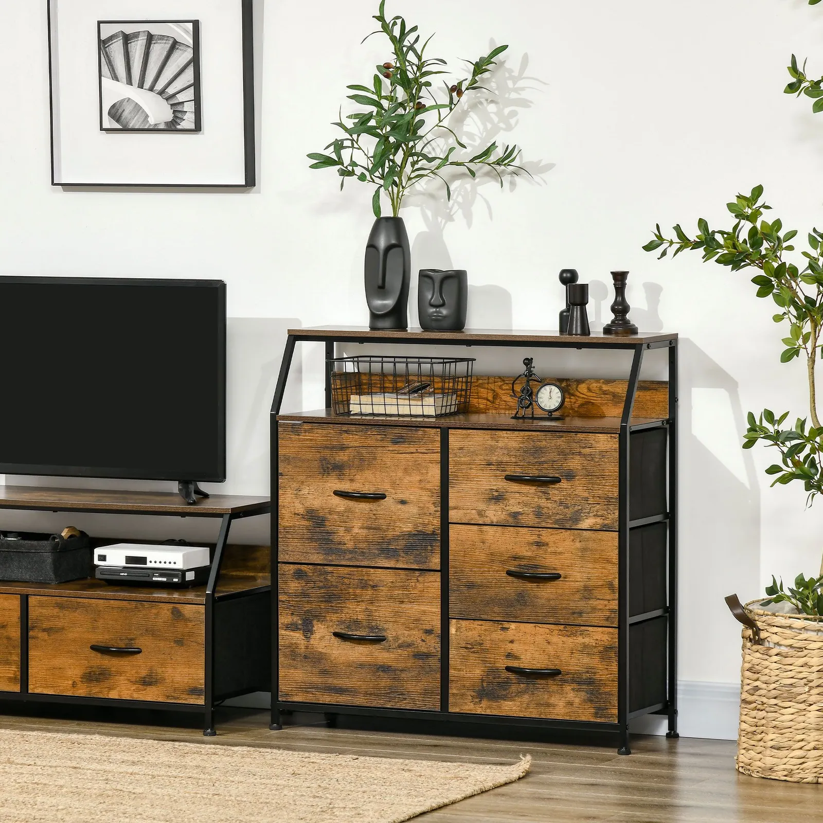 HOMCOM Industrial Drawer Chest 5 Drawers Dresser with Open Shelf in Brown