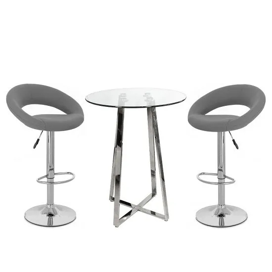 Poseur Bar Table In Clear Glass With 2 Leoni Grey Bar Stools