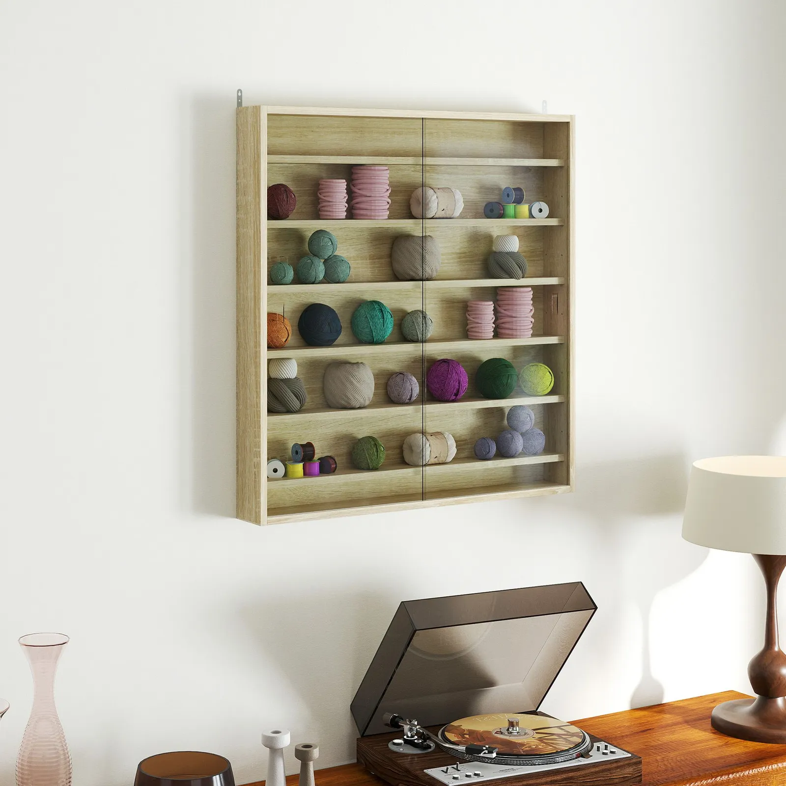 HOMCOM 7-Tier Wall Display Cabinet w/ Shelves Glass Doors in Light Brown