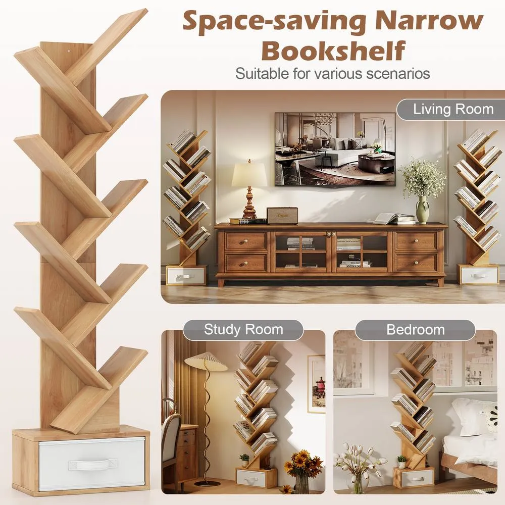 Costway Wooden Tree Bookshelf Modern 150cm Tall Narrow Bookcase w/ 10 Shelves in Natural 4