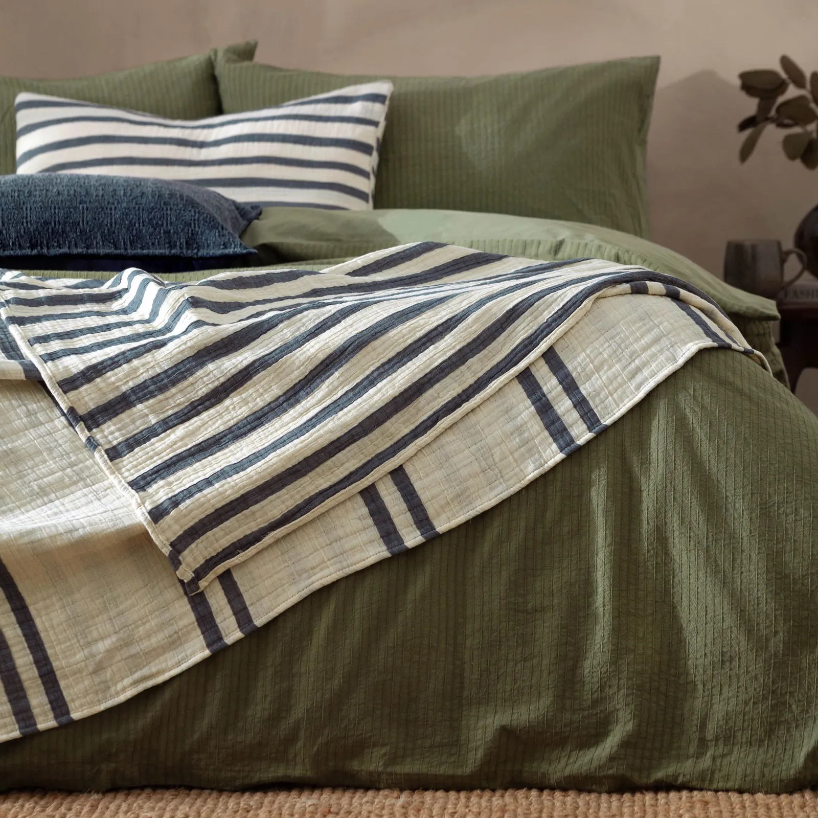Yard Woven Stripe 100% Cotton Bedspread in Blue 1