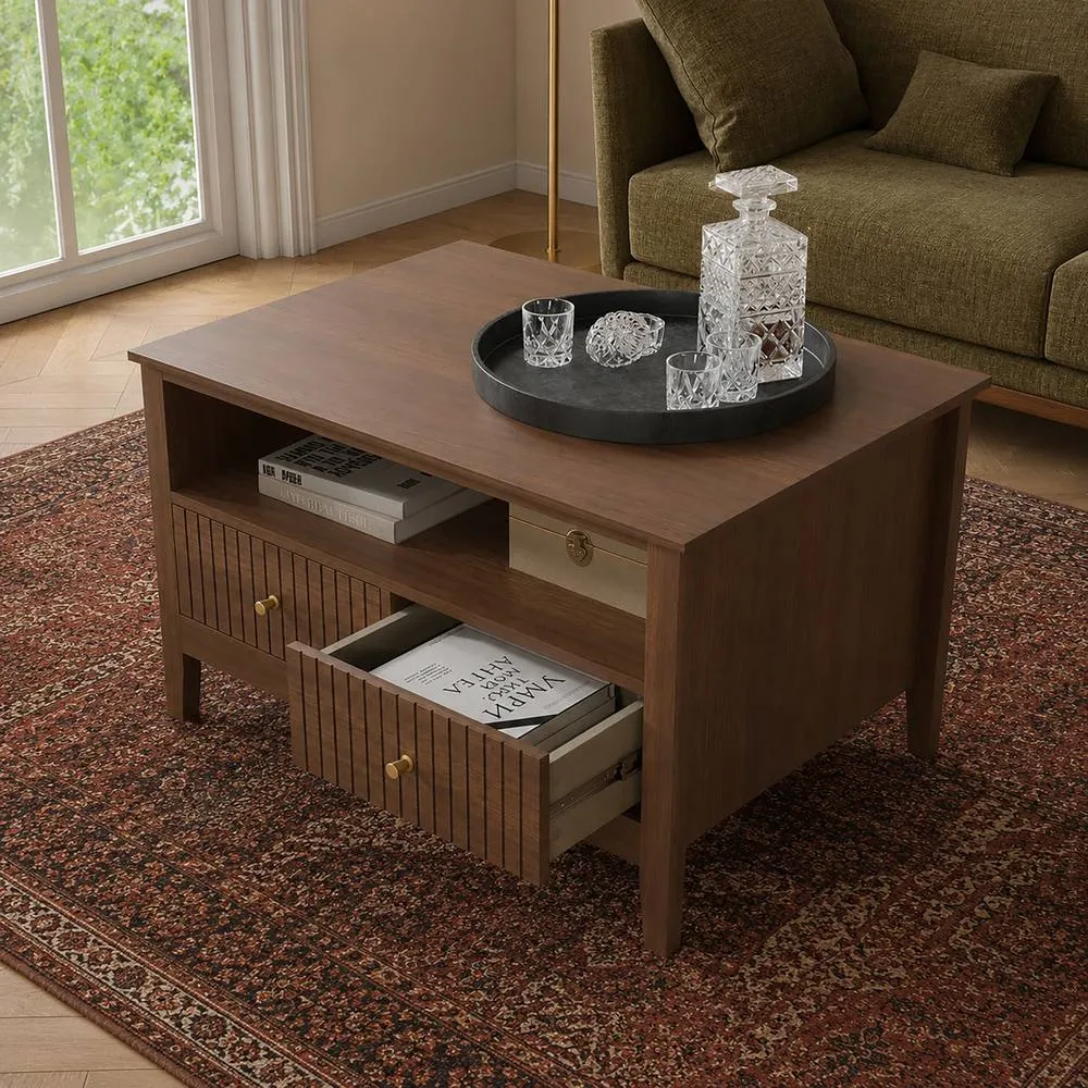 Melody Maison Fluted Four Drawer One Shelf Coffee Table - Hales Dark Wood Range in Dark Brown 2