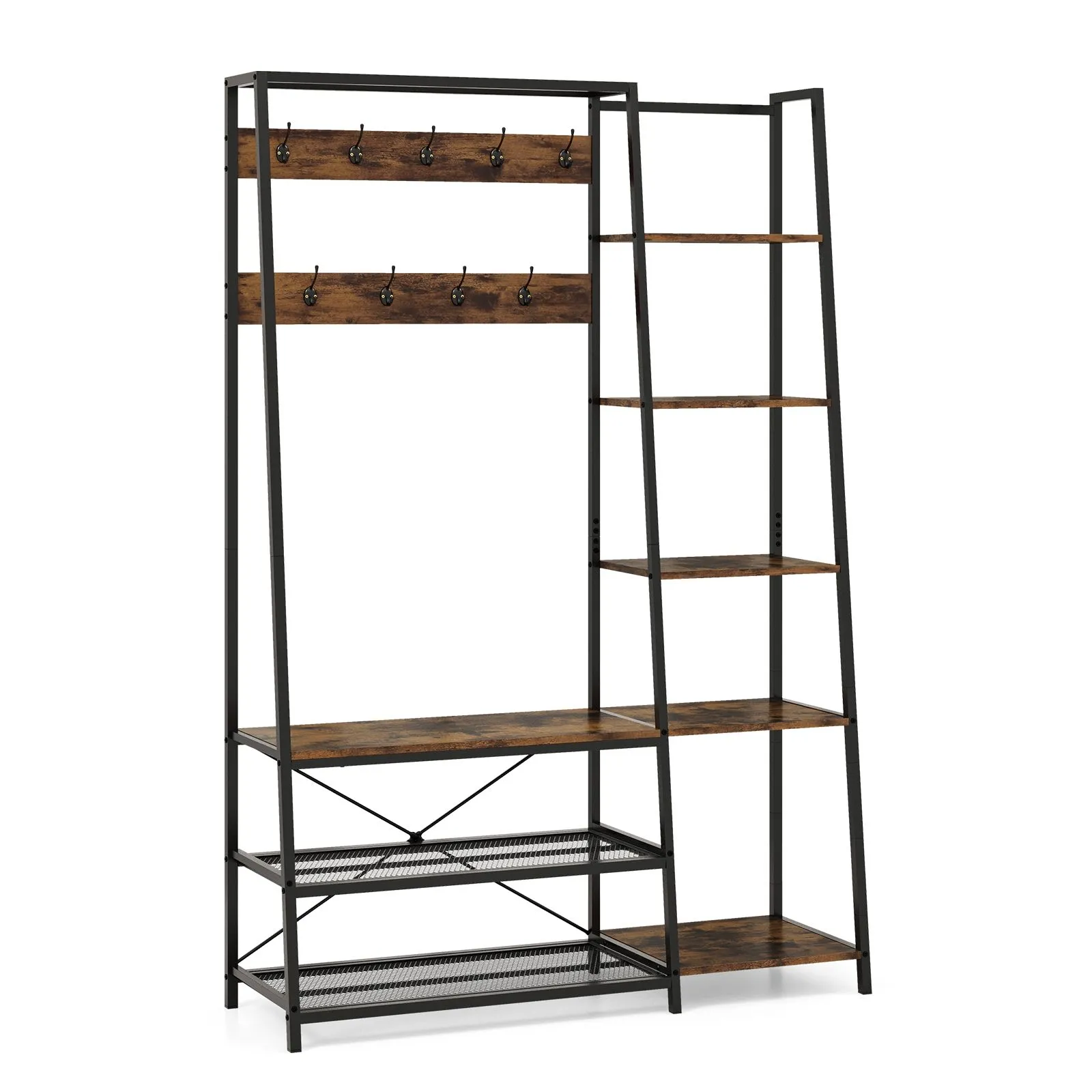 Costway Hall Tree with Storage Bench Industrial Coat Rack Shoe Bench with 9 Hooks in Brown 2