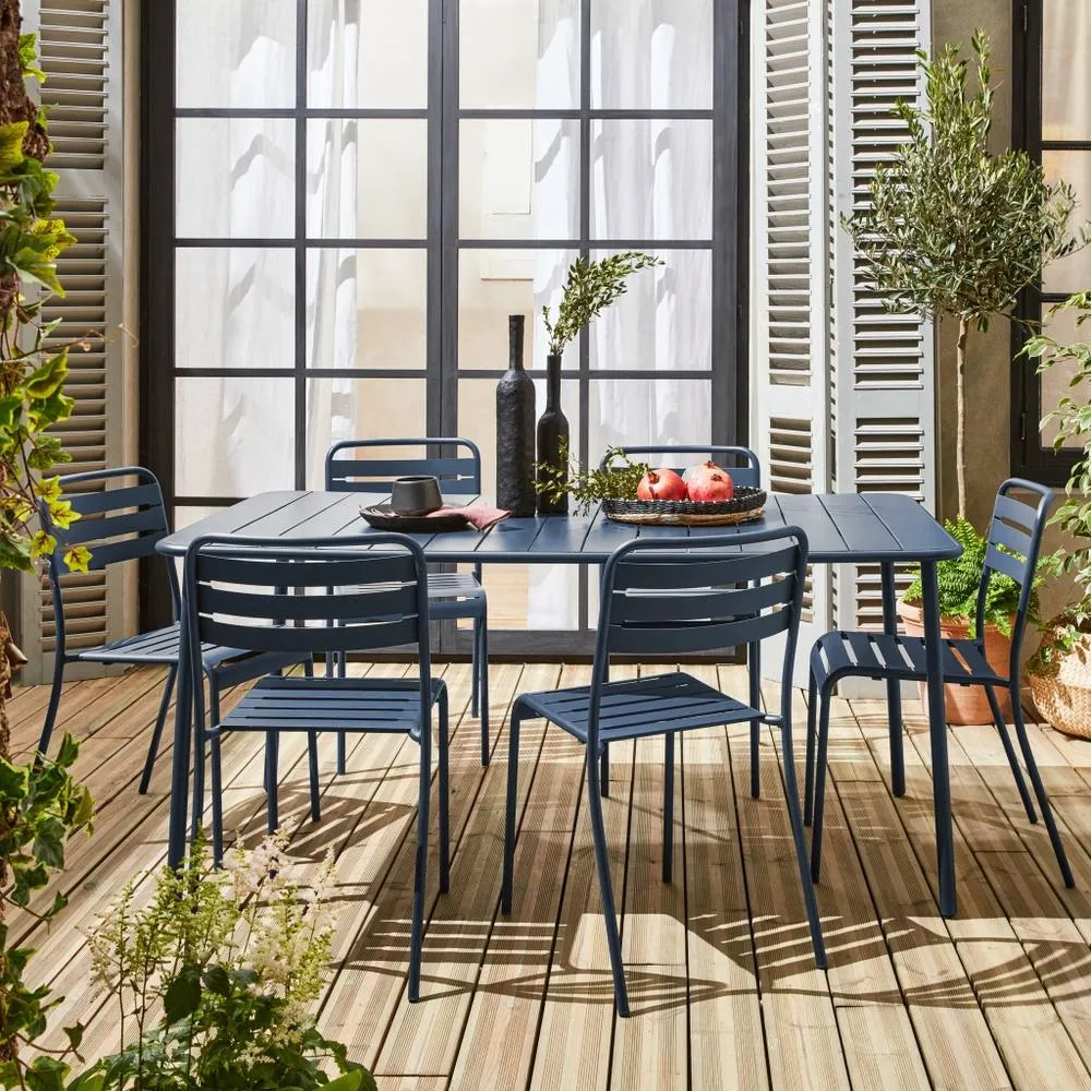 sweeek 6-8 seater rectangular steel garden table set with 6 chairs in Dark Blue 1