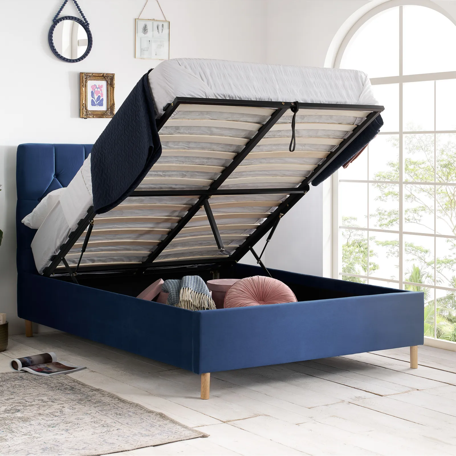 Birlea Velvet Fabric Ottoman Bed Frame Storage Loxley in Blue 1