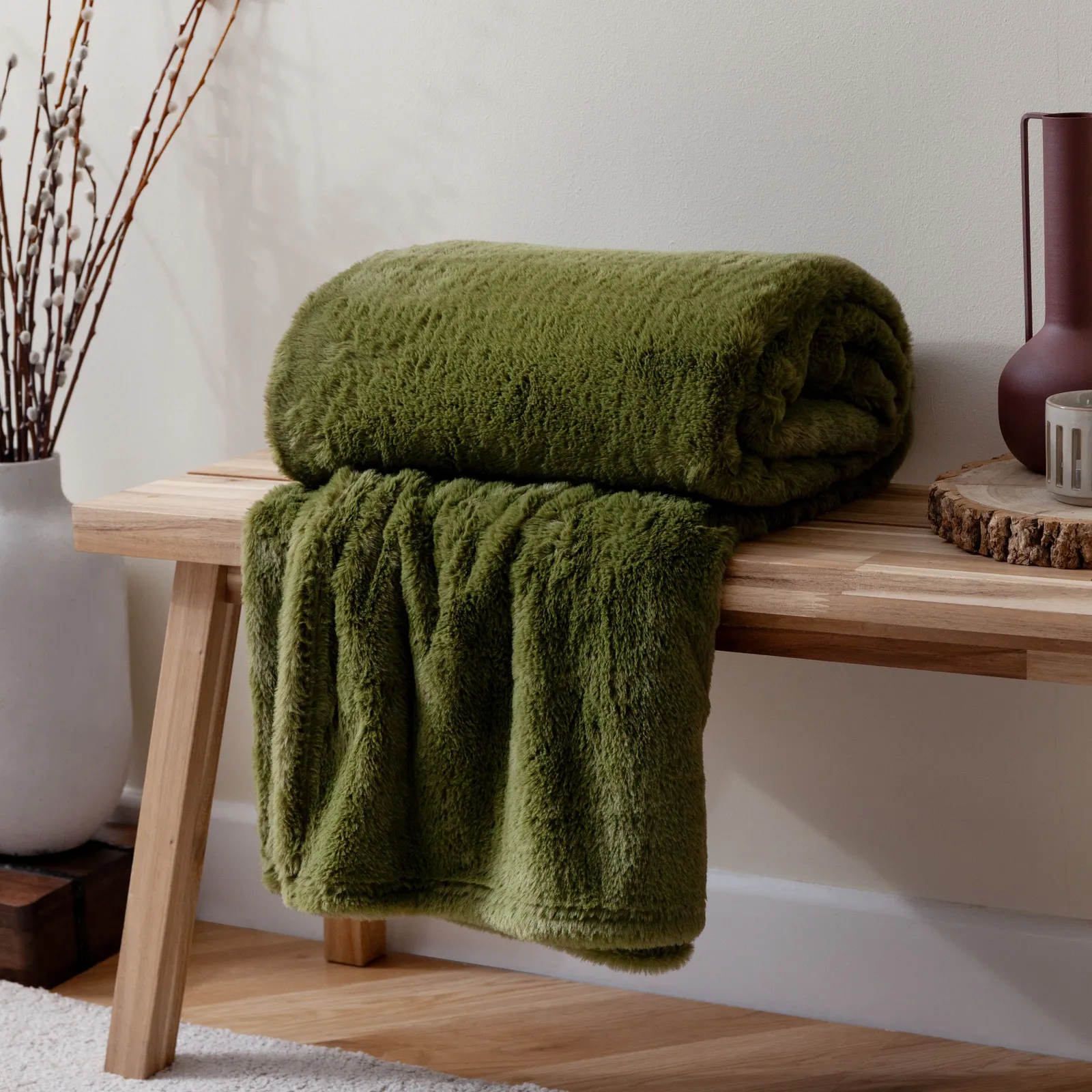 Furn Kallu Reversible Faux-Fur Throw in Olive