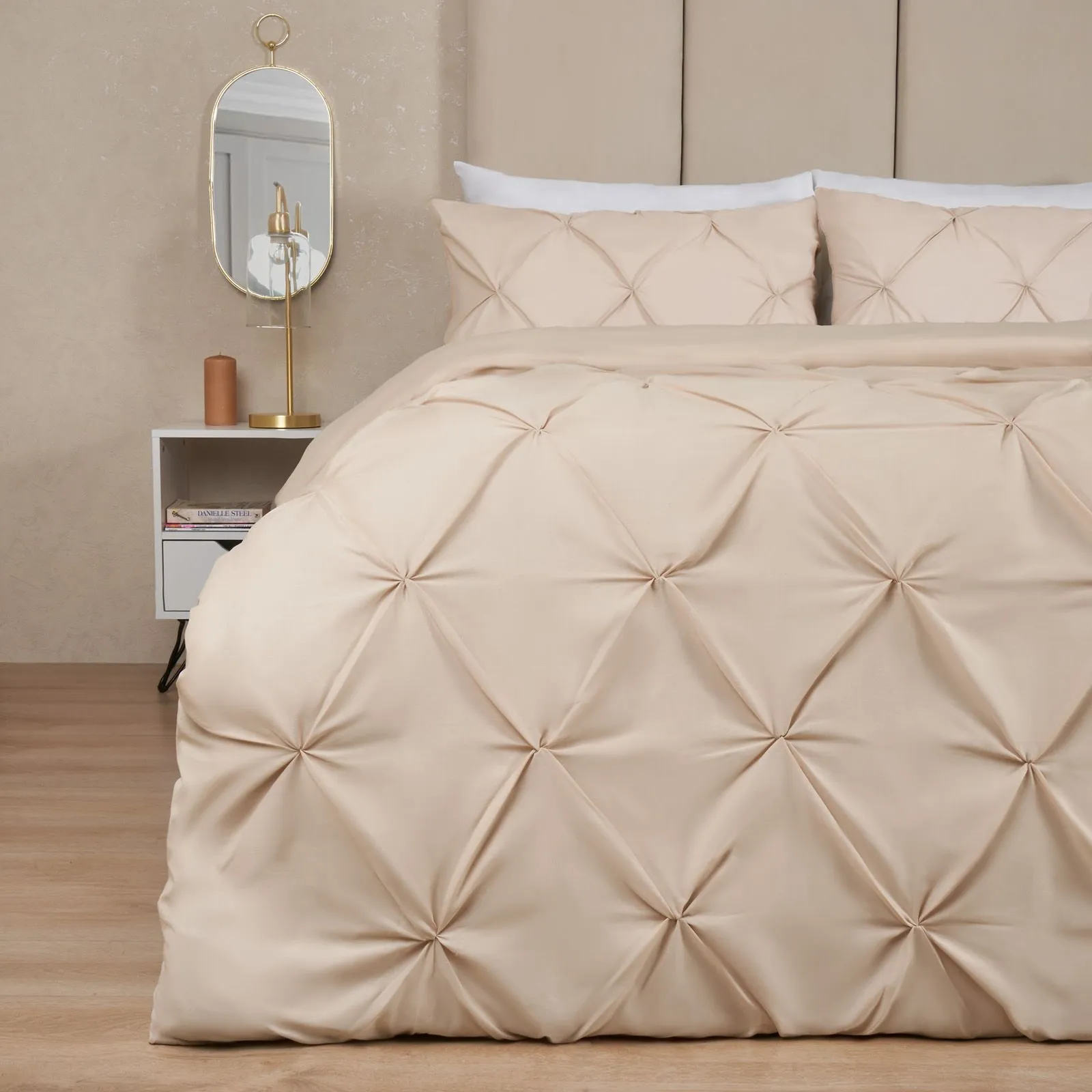 OHS Diamond Pintuck Duvet Cover with Pillowcase in Beige
