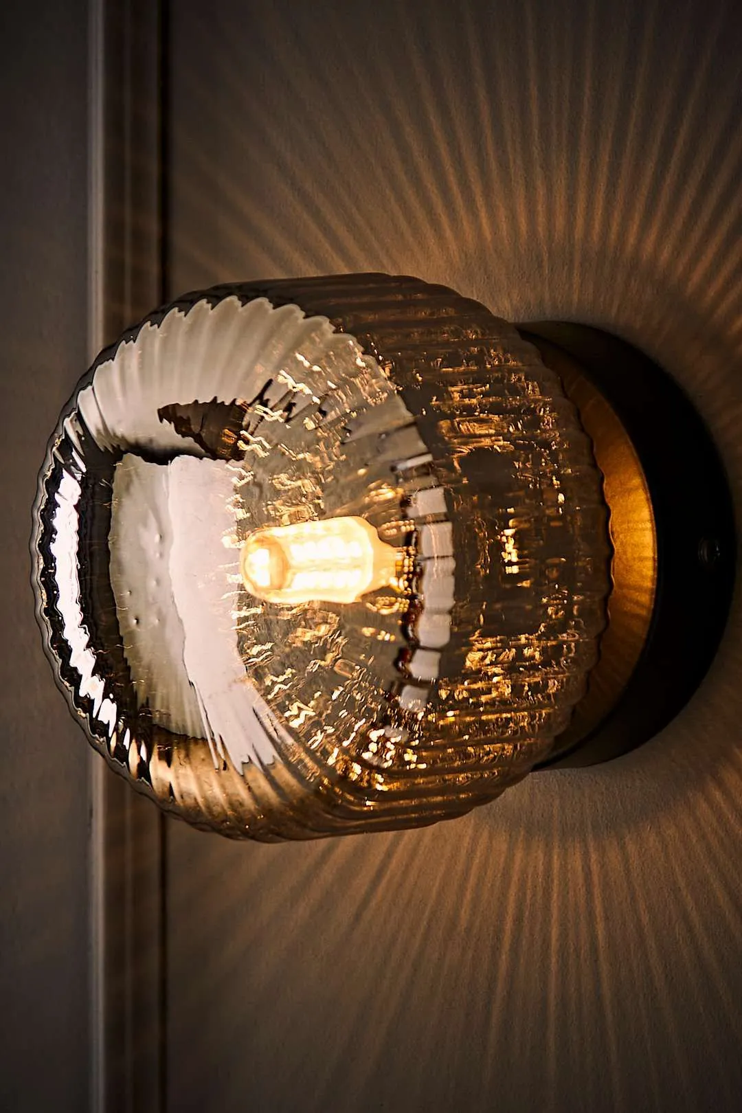ValueLights Calpe Pair of Small Ribbed Glass Flush Ceiling Wall Lights with Bulbs in Black 2