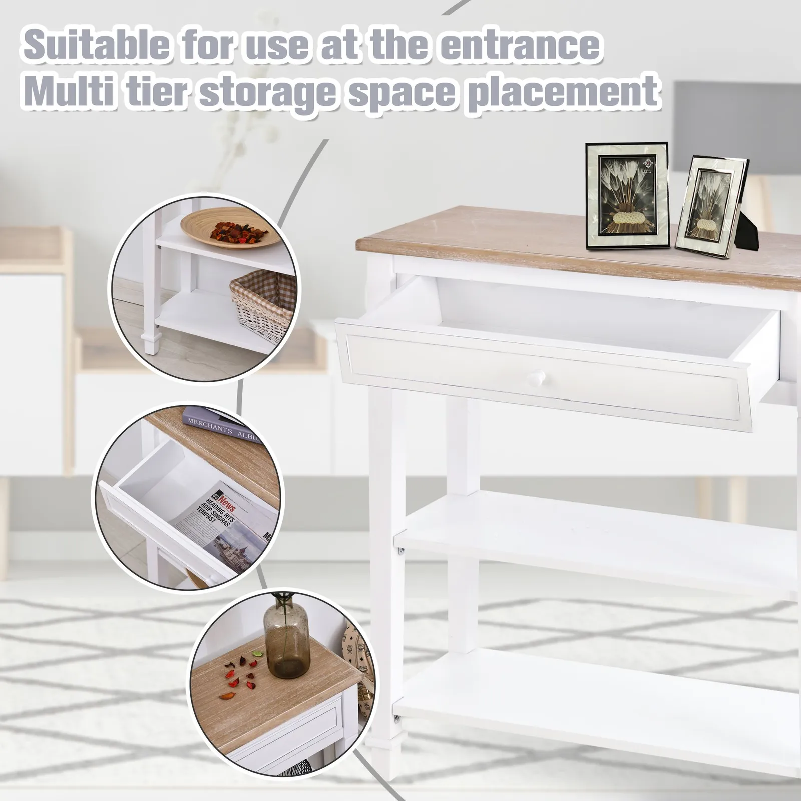 HOMCOM White Console Table Hallway Side Desk with Drawer 2 Shelves Worktop 5