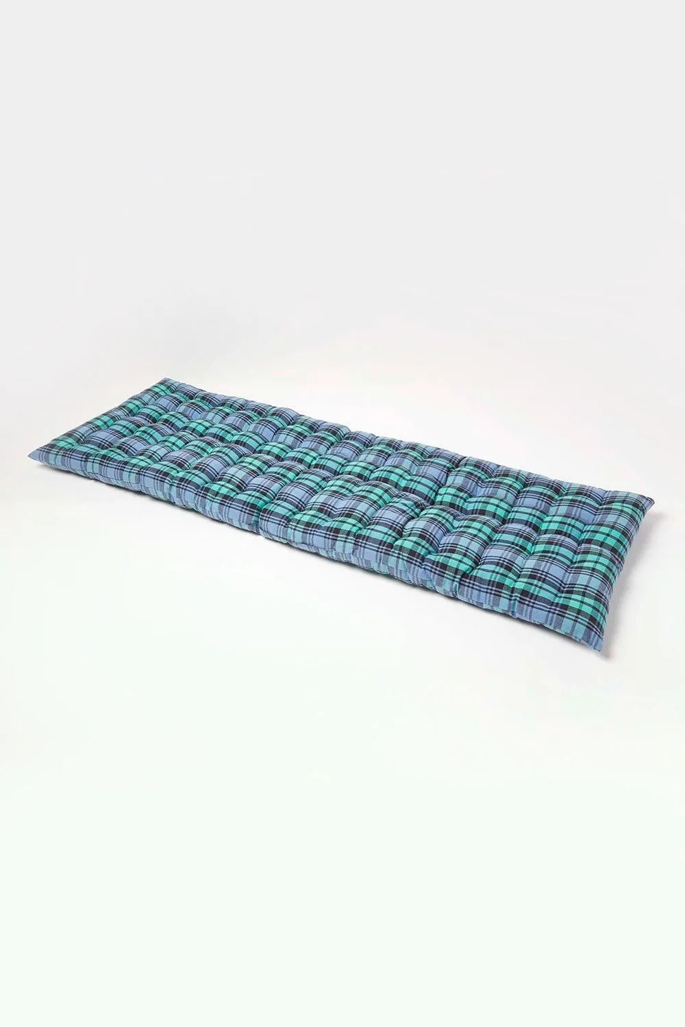 Homescapes Garden Bench Cushion Luxury 3 Seat Cotton Green Tartan Indoor Outdoor Pad