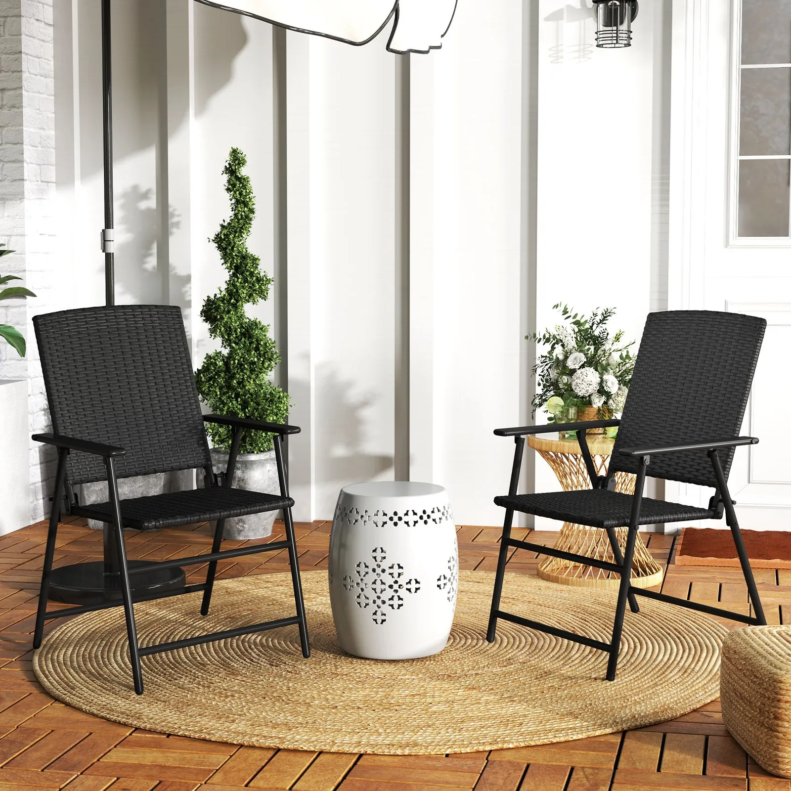 OUTSUNNY 2pcs Rattan Chair Foldable Garden Furniture w/ Armrest Black