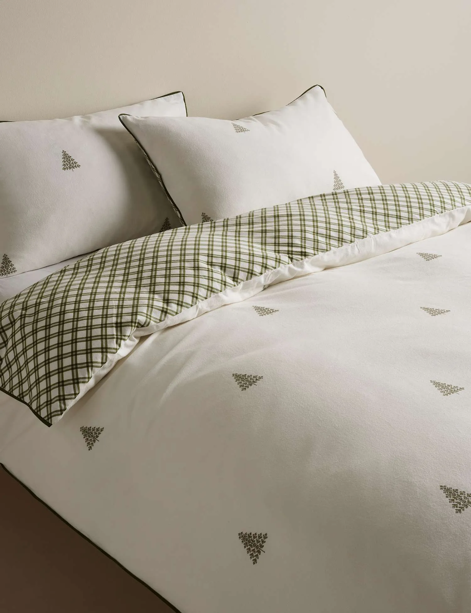 M&S Pure Brushed Cotton Tree Print Reversible Bedding Set Green Mix